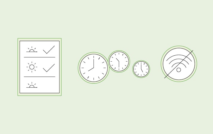 Illustration mit verschiedenen Icons auf hellgrünem Hintergrund. Die Icons symbolisieren den Sonnenaufgang, Uhren und ein WLan-Symbol.