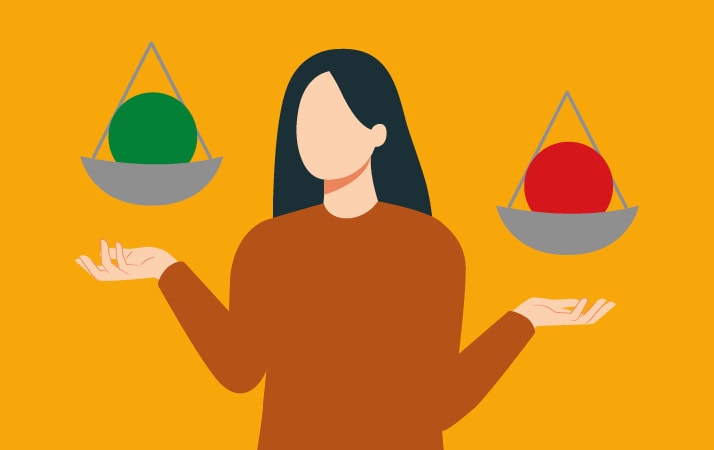 Illustration einer Person. Sie hält ihre Hände zur Seite ausgestreckt, die Arme angewinkelt. Über den Händen schwebt je eine Waagschale mit jeweils einem Ball. Einer ist grün, einer rot.