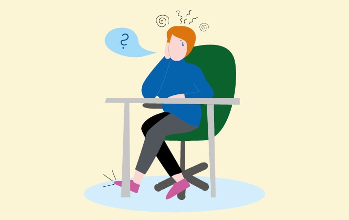 Illustration einer am Schreibtisch sitzenden Person mit Stress-, Schmerz- und Gedankensymbolen über dem Kopf.