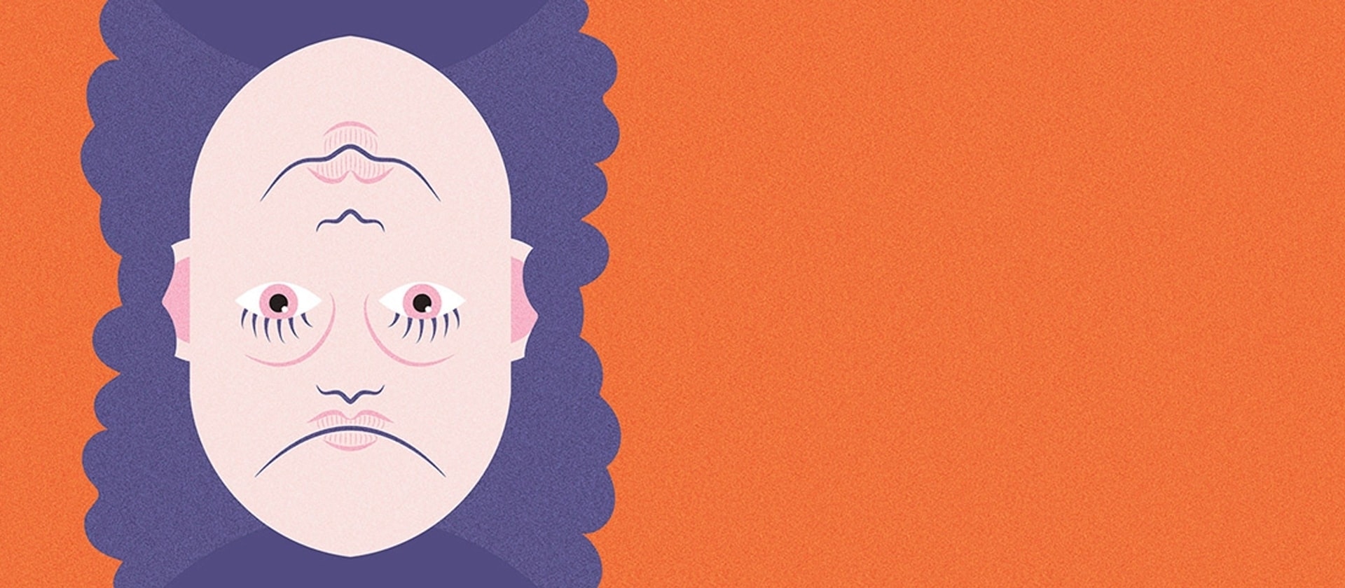 Grafik: Der Kopf eines Mannes mit violettem Haar wird in der Mitte gespiegelt, sodass die Augen aufeinander liegen. Mund, Nase und Kinn gibt es in beiden Richtungen.