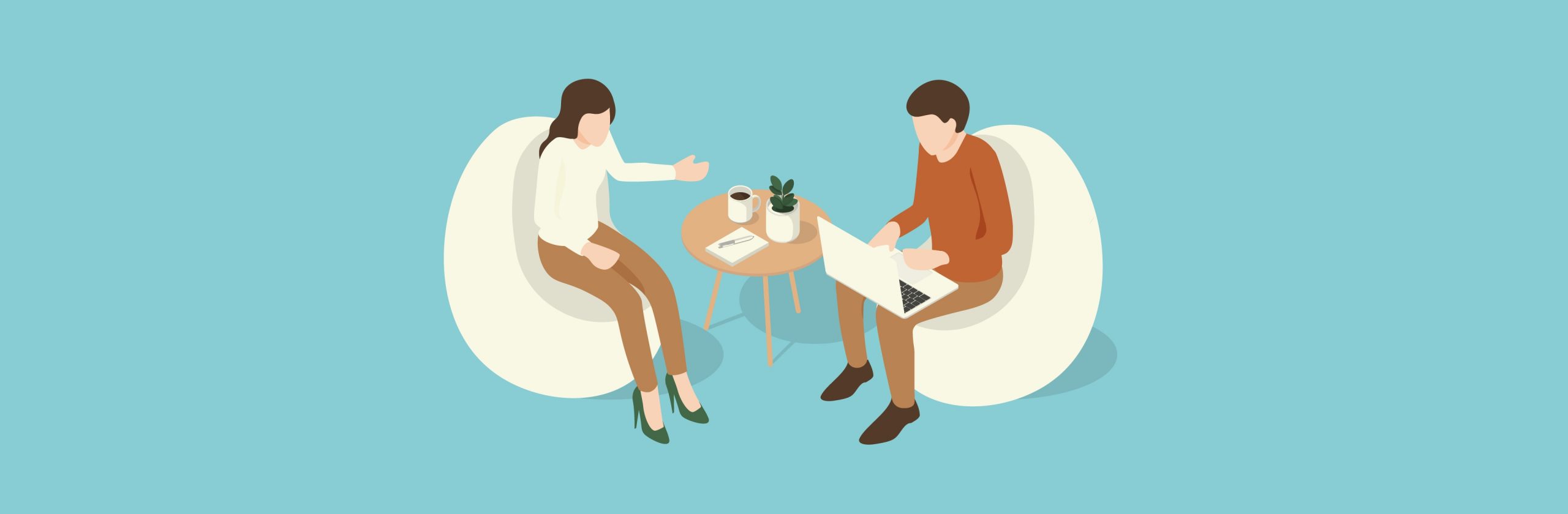 Eine Illustration von zwei Menschen, die sich gegenüber sitzen und ein Gespräch führen