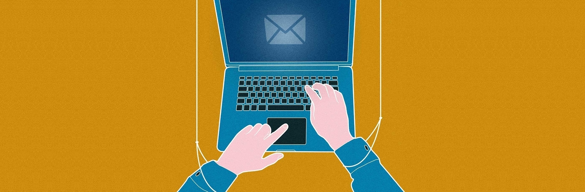 Die Illustration zeigt einen Laptop und eine Person, die mit ihren Händen an den Laptop gebunden ist und E-Mails checkt.