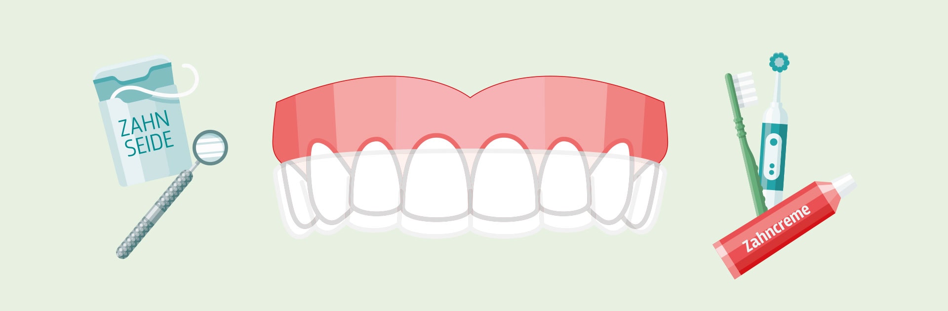 Die Grafik zeigt ein Gebiss im Zentrum sowie Utensilien zur Zahnhygiene auf der rechten und linken Seite neben dem Gebiss. Zu sehen sind eine Zahnpastatube, Zahnbürsten und Zahnseide.