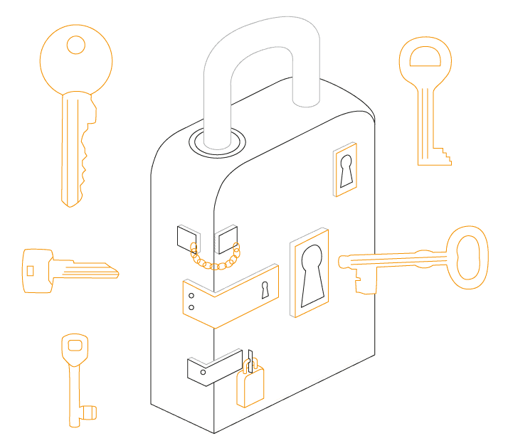 Eine Illustration eines geschlossenen Hängeschlosses. Es hat drei Schlüssellöcher, eine Sicherheitskette und ein kleines Hängeschloss. Um die Abbildung des Schlosses herum befindet sich zu jedem der fünf Texte ein unterschiedlich aussehender Schlüssel.