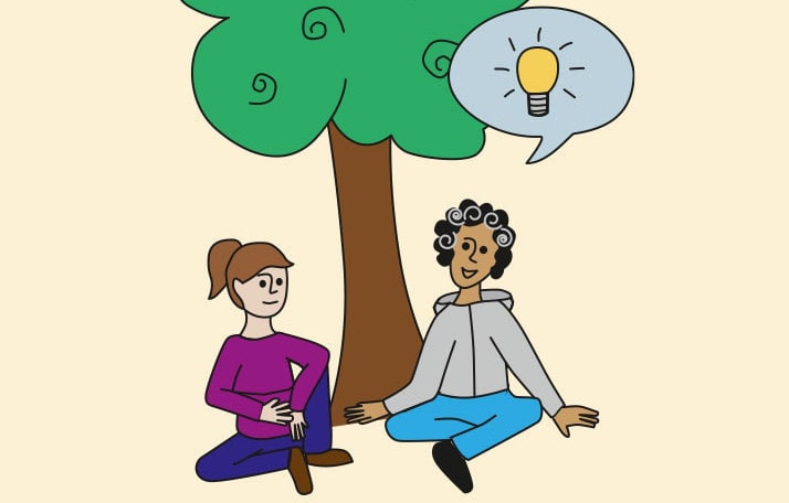 Grafik zweier Frauen, die unter einem Baum sitzen und ein Gespräch führen. Über der rechten Frau ist eine Sprechblase, in der eine leuchtende Glühbirne abgebildet ist.