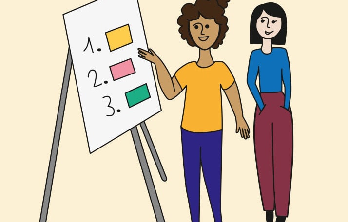 Grafik zweier Frauen, die vor eine Whiteboard stehen, auf dem drei Stichpunkte stehen. Die linke Person gestikuliert in Richtung des Whiteboards.
